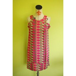 ESCAPADA LIVING Sz XS Sleeveless Mason Dress Rayon Pink Emerald Fish